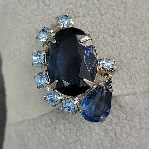 Juliana DE Blue AB Aurora Borealis Rhinestone Cabochon Clip On Earrings Vintage - Picture 4 of 8